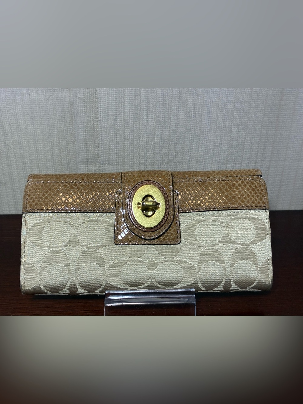 Coach Beige Signature Canvas Wallet with Tan Leather Trim and Gold Turnlock